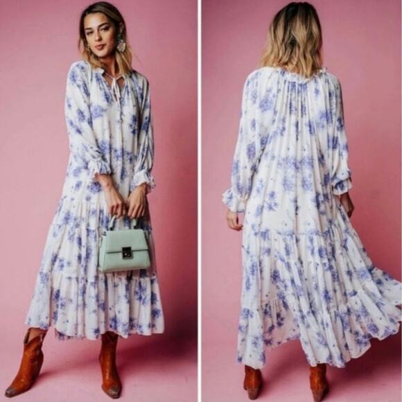 Free People Feeling Groovy Sheer White Blue Floral XS Maxi Dress - Picture 1 of 11